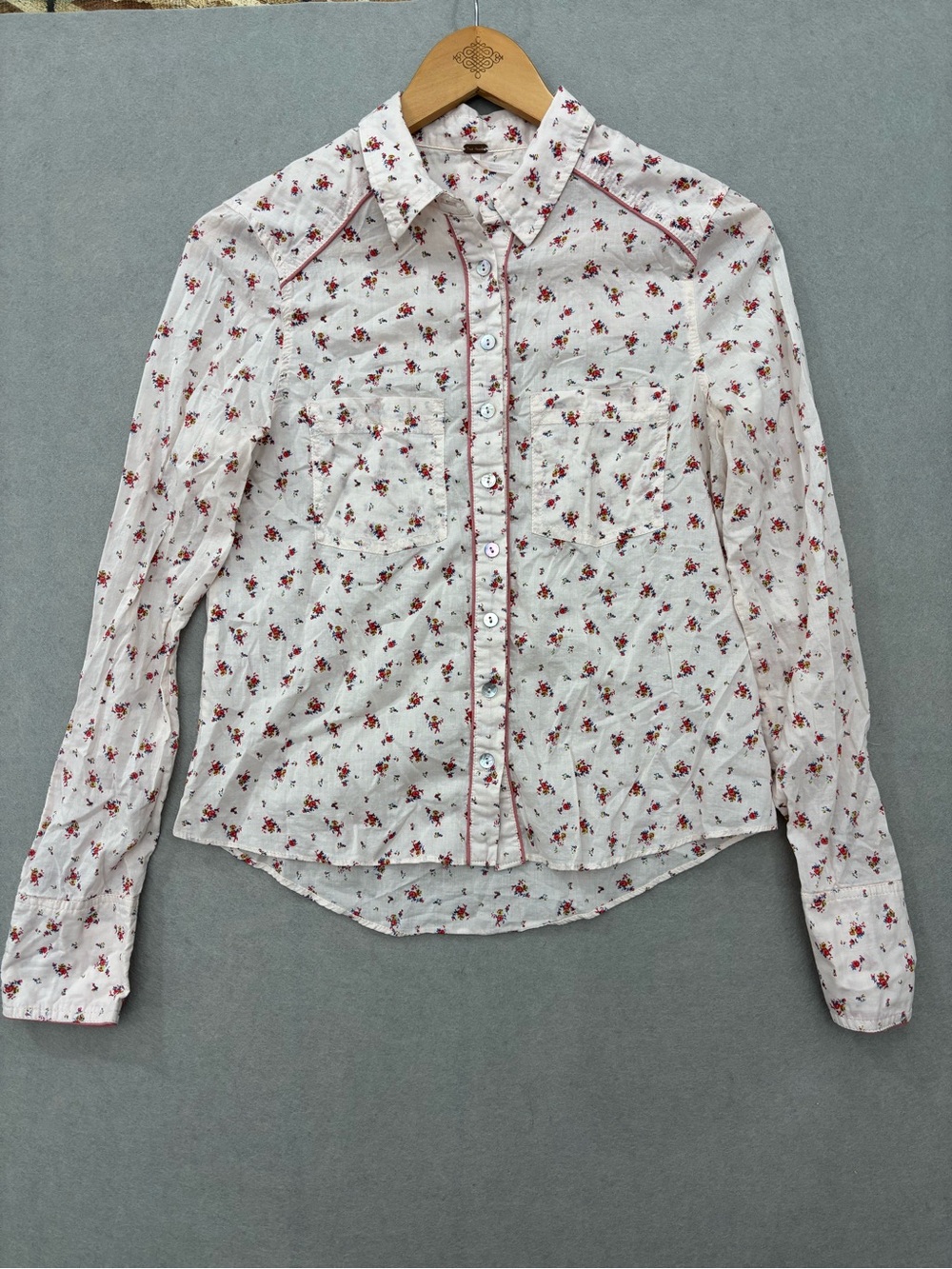 Free People White Button-Down Shirt with Red Floral Print